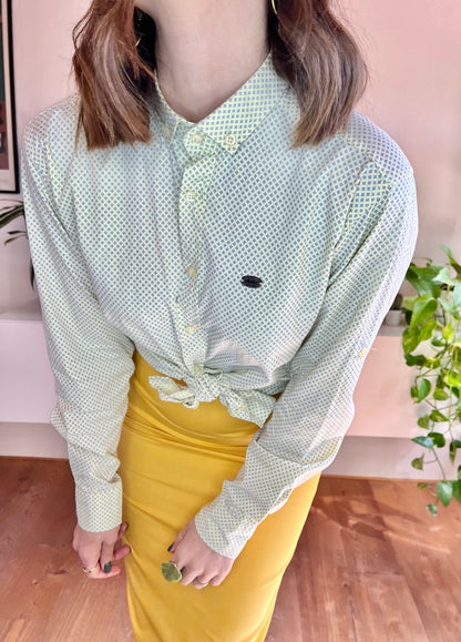 1990's vintage butter yellow shirt with blue geometric print