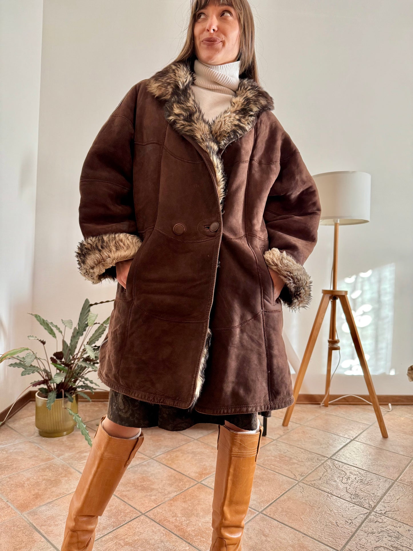 1970's vintage chocolate brown quilted shearling monotone coat with beige and brown lining