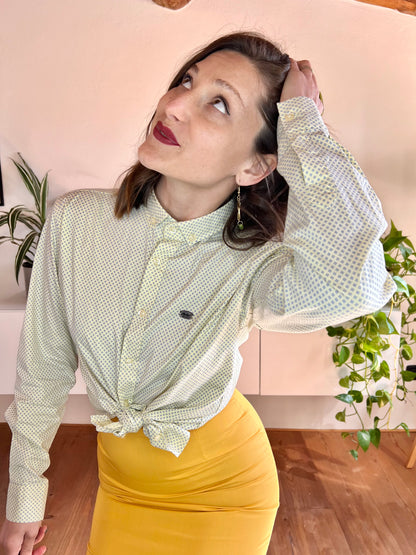 1990's vintage butter yellow shirt with blue geometric print