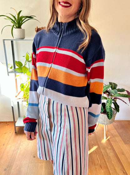 1990's vintage red, blue and orange stripe zip up cardigan