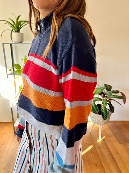 1990's vintage red, blue and orange stripe zip up cardigan