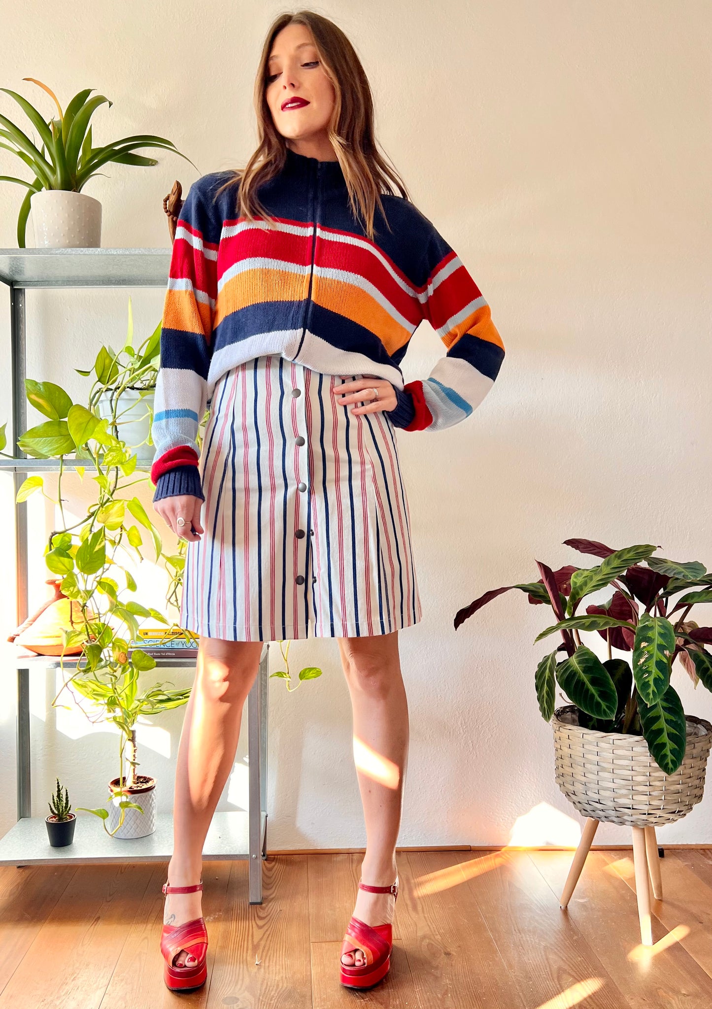 1990's vintage red, cream and blue stripe denim mini skirt