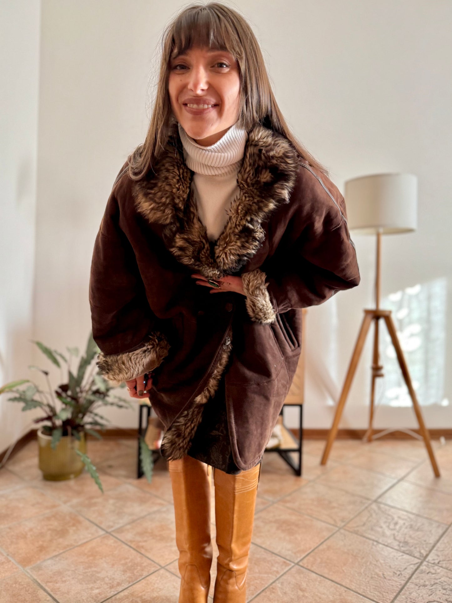 1970's vintage chocolate brown quilted shearling monotone coat with beige and brown lining