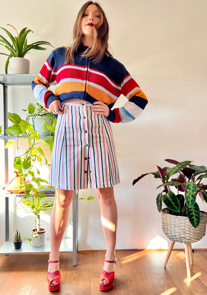 1990's vintage red, cream and blue stripe denim mini skirt