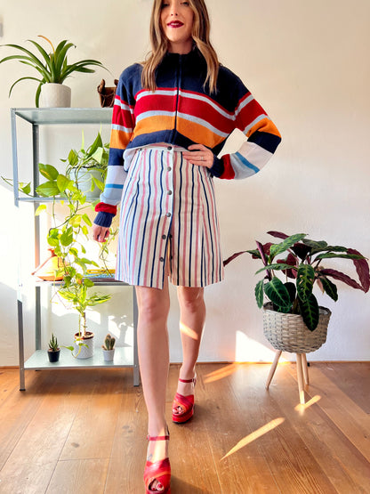 1990's vintage red, cream and blue stripe denim mini skirt