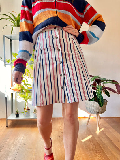 1990's vintage red, cream and blue stripe denim mini skirt