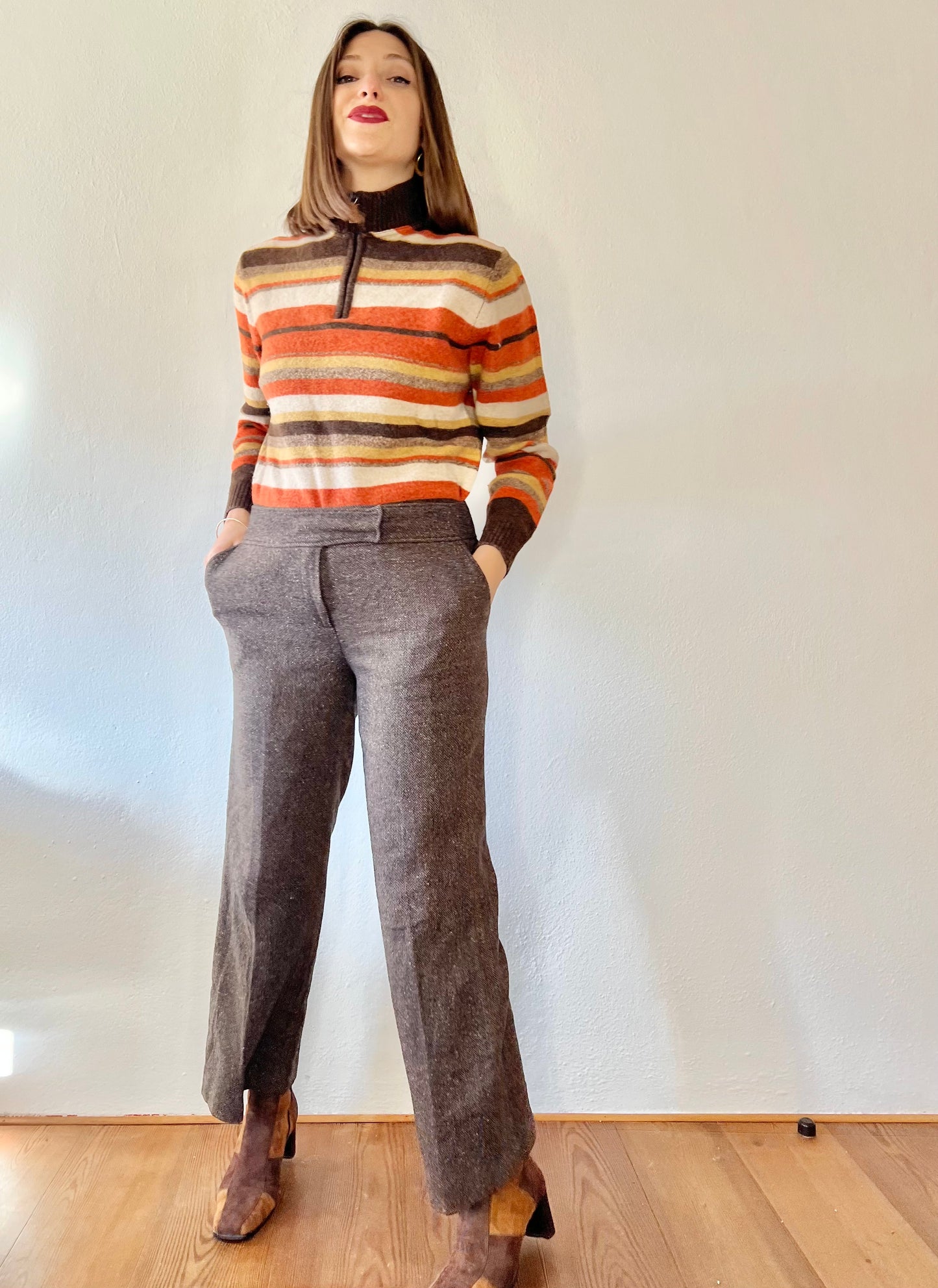 1990's vintage wool blend brown herringbone flare trousers