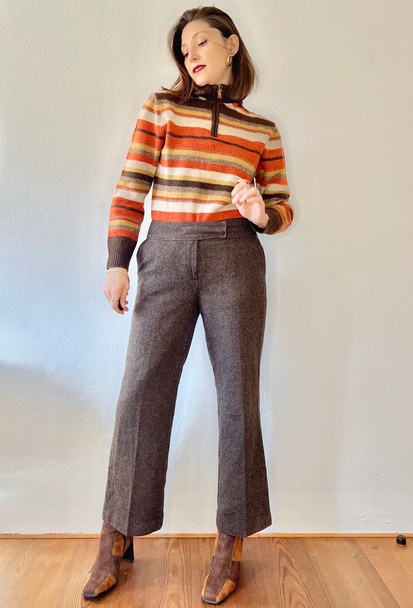 1990's vintage wool blend brown herringbone flare trousers