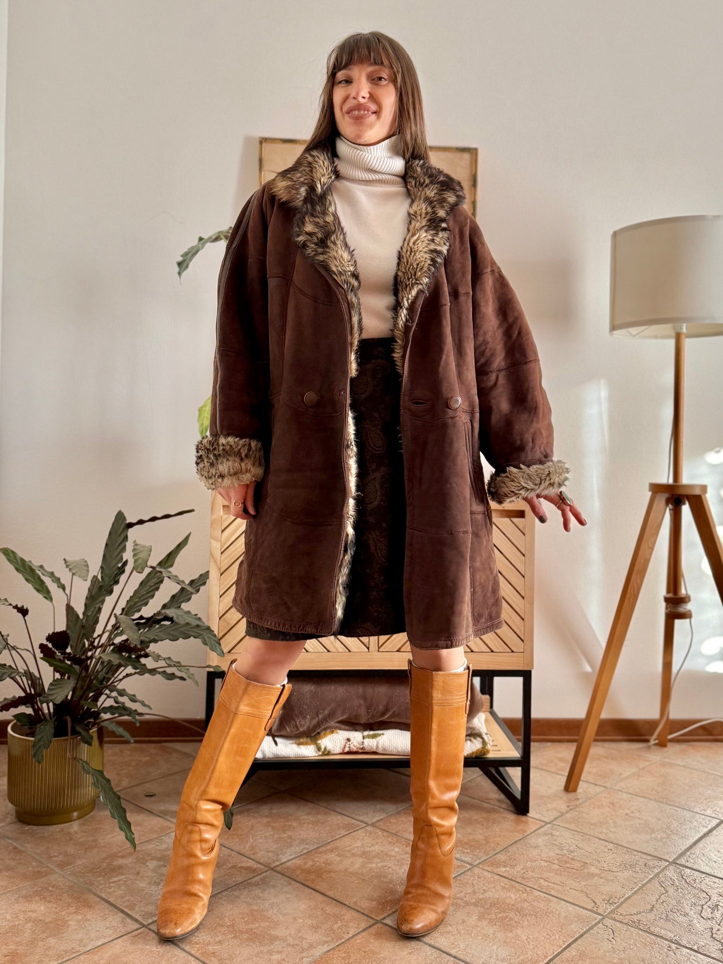 1970's vintage chocolate brown quilted shearling monotone coat with beige and brown lining