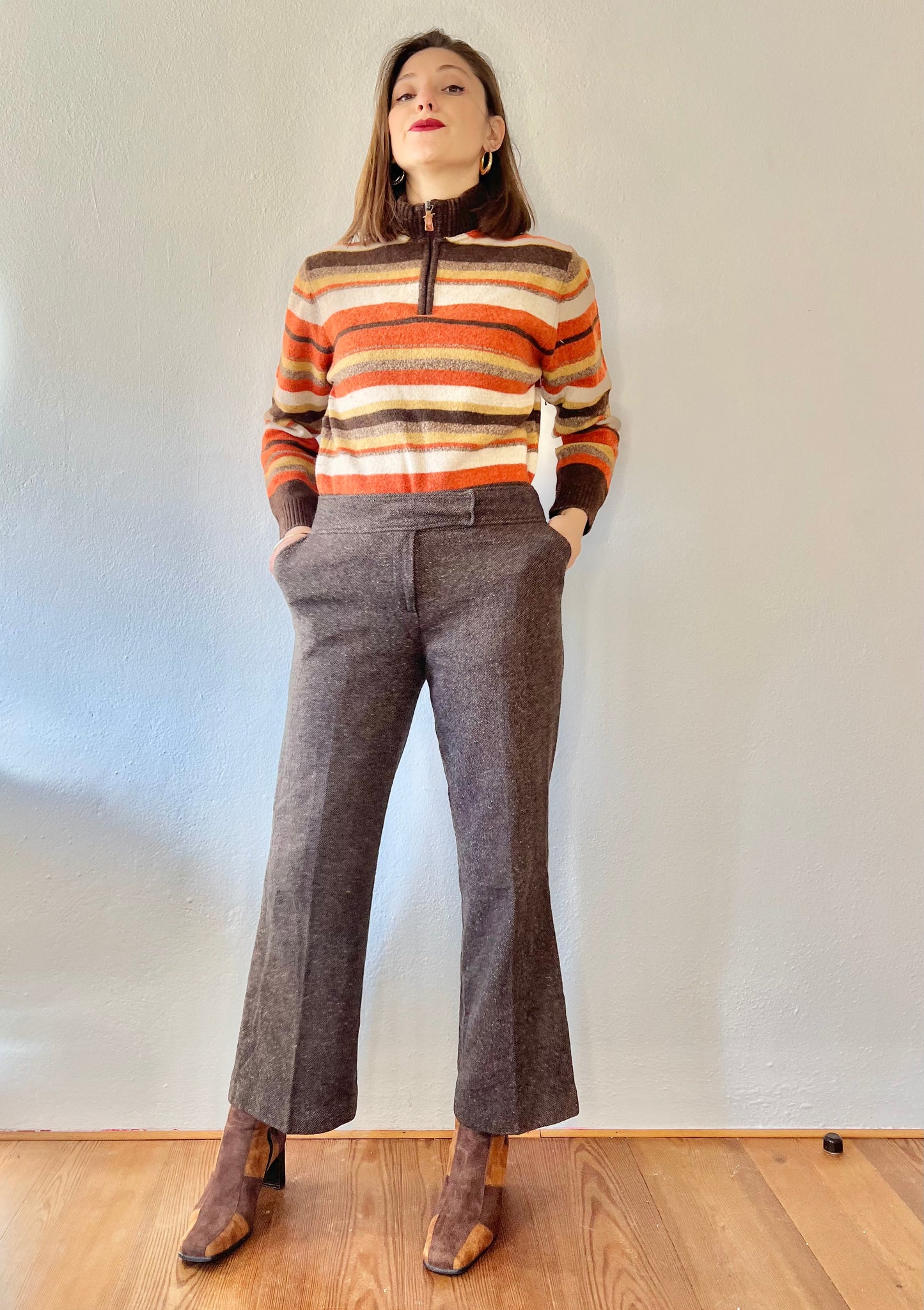 1990's vintage wool blend brown herringbone flare trousers