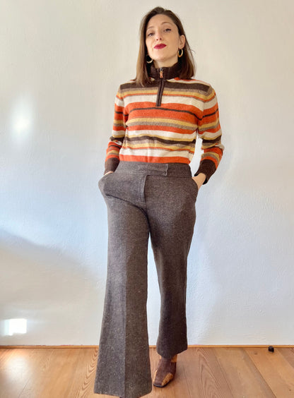 1990's vintage wool blend brown herringbone flare trousers