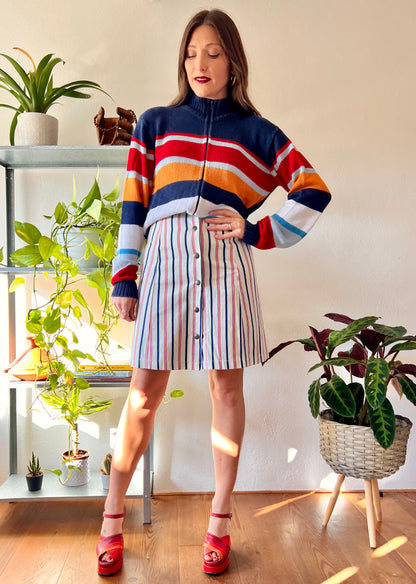 1990's vintage red, cream and blue stripe denim mini skirt