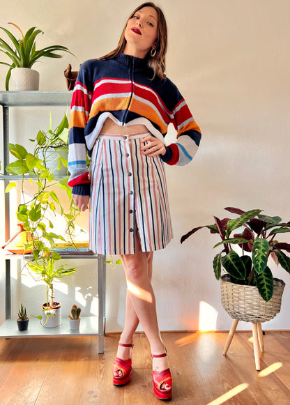 1990's vintage red, cream and blue stripe denim mini skirt