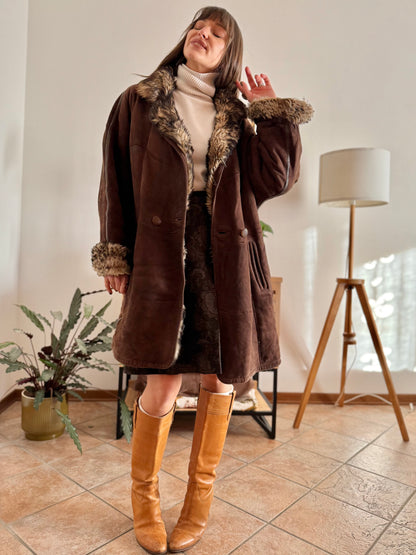 1970's vintage chocolate brown quilted shearling monotone coat with beige and brown lining