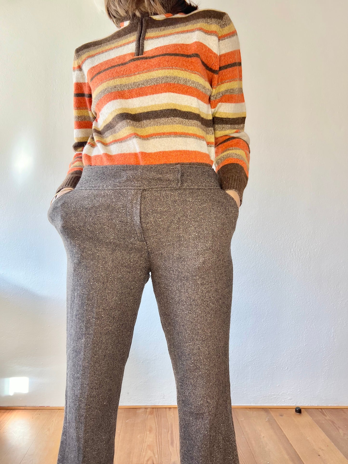 1990's vintage wool blend brown herringbone flare trousers