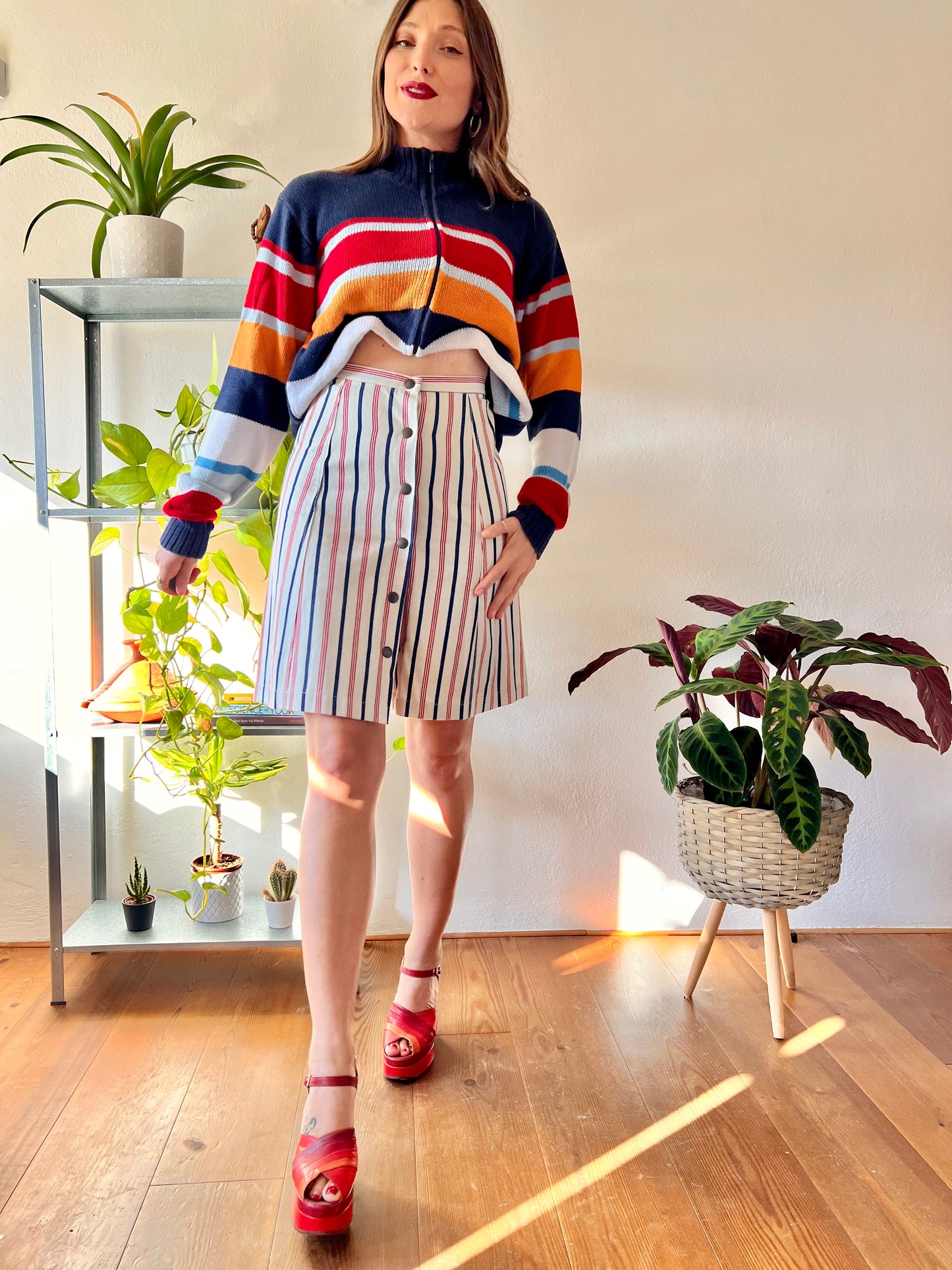 1990's vintage red, cream and blue stripe denim mini skirt