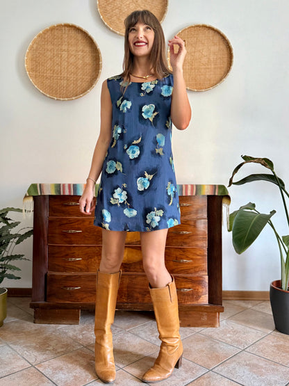 1990's vintage navy blue mini dress with turquiouse flowers