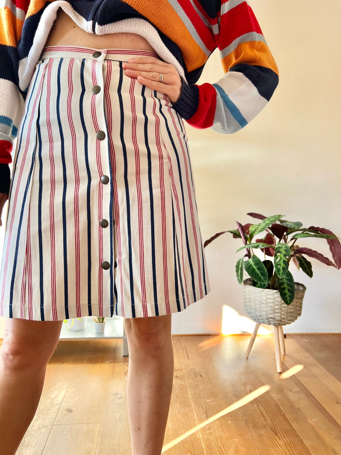 1990's vintage red, cream and blue stripe denim mini skirt