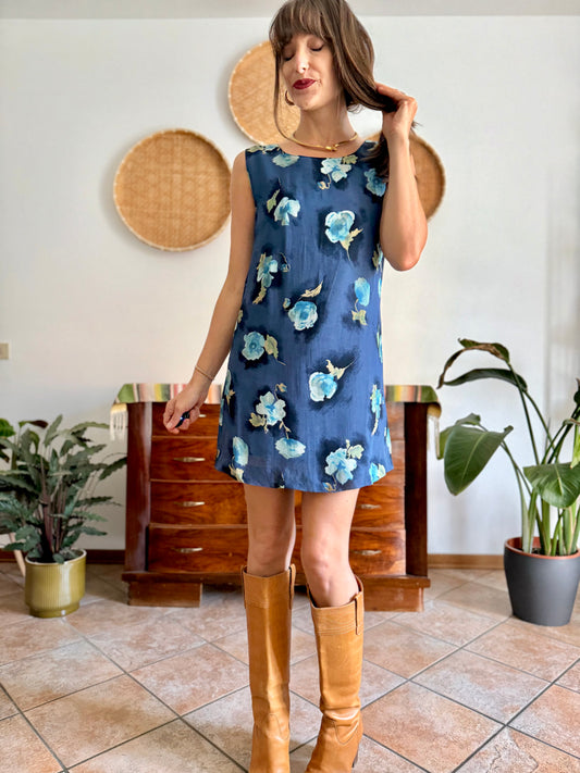 1990's vintage navy blue mini dress with turquiouse flowers
