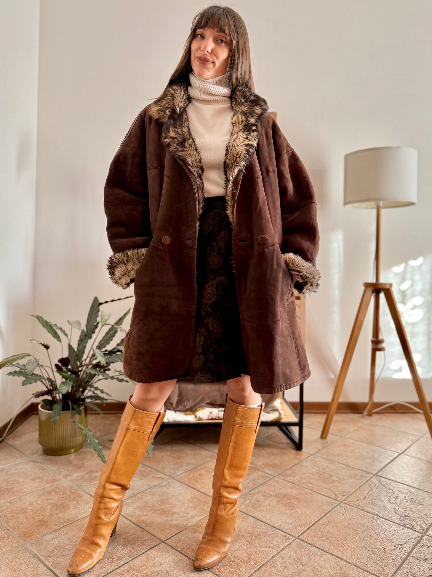 1970's vintage chocolate brown quilted shearling monotone coat with beige and brown lining