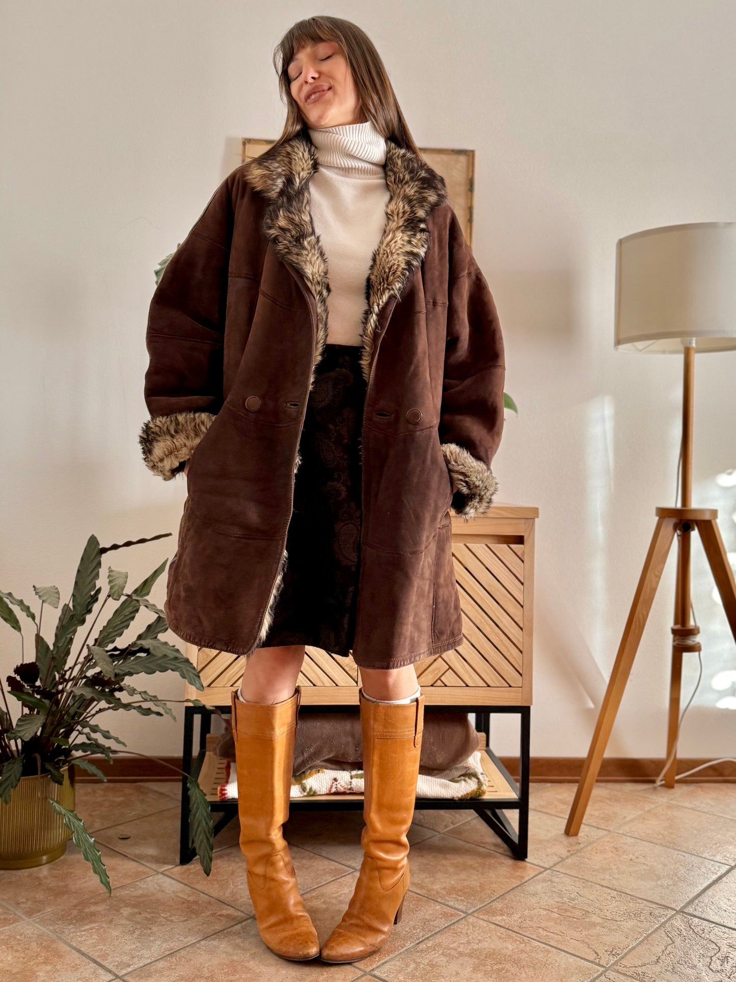 1970's vintage chocolate brown quilted shearling monotone coat with beige and brown lining