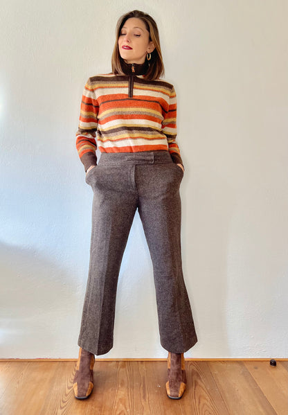 1990's vintage wool blend brown herringbone flare trousers