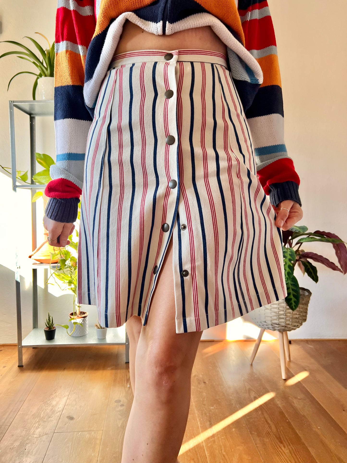 1990's vintage red, cream and blue stripe denim mini skirt