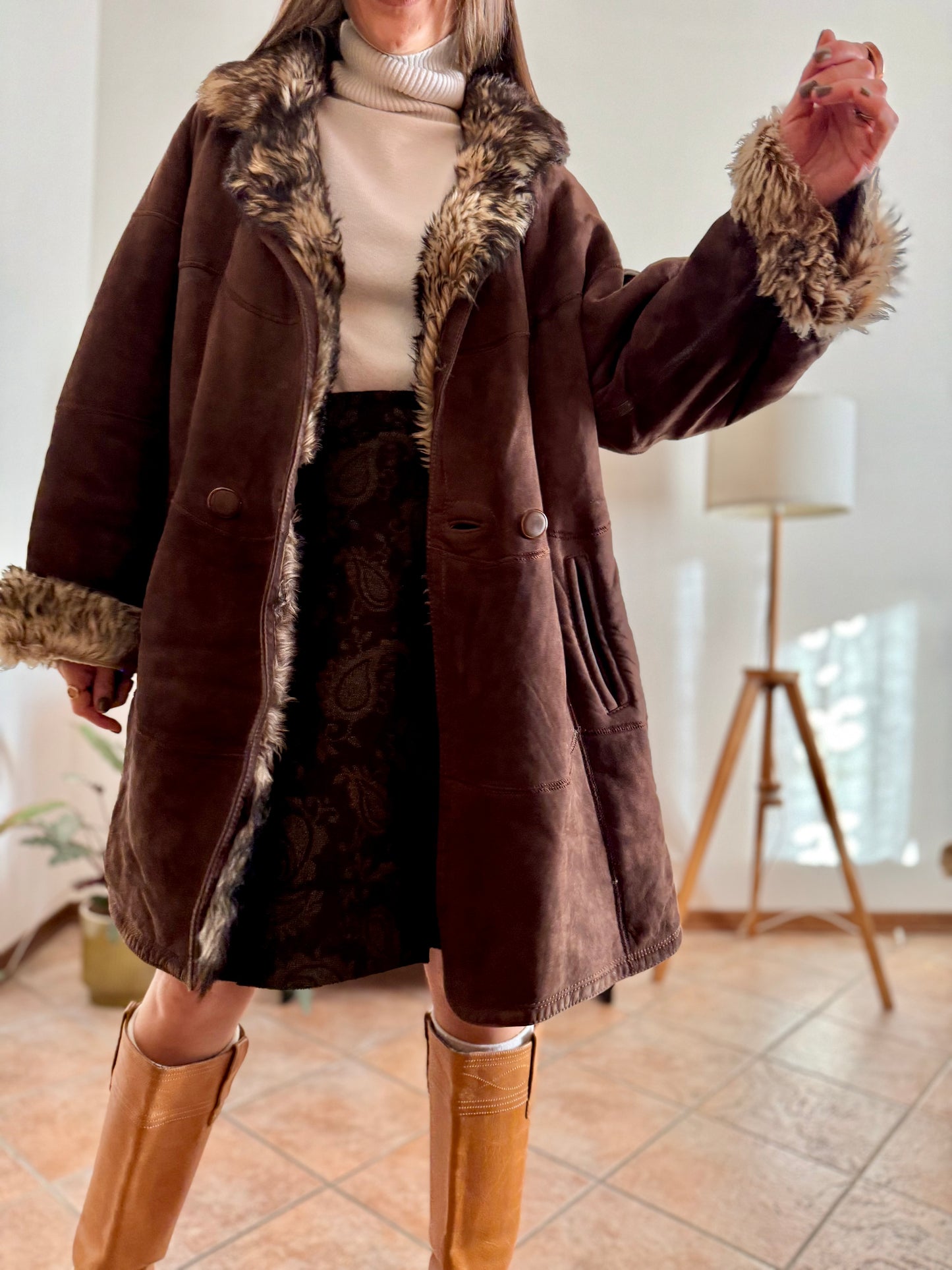 1970's vintage chocolate brown quilted shearling monotone coat with beige and brown lining