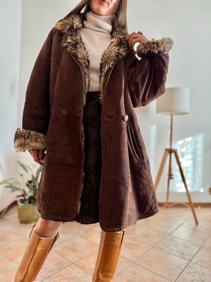 1970's vintage chocolate brown quilted shearling monotone coat with beige and brown lining