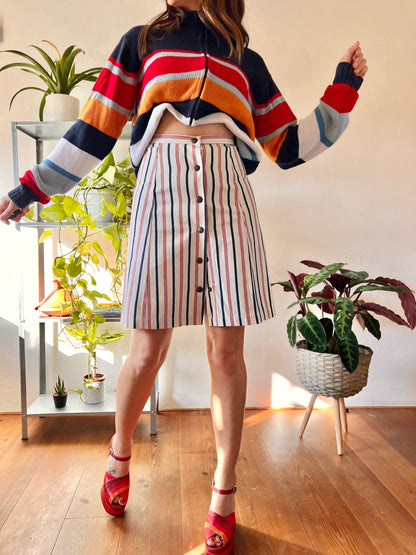 1990's vintage red, cream and blue stripe denim mini skirt