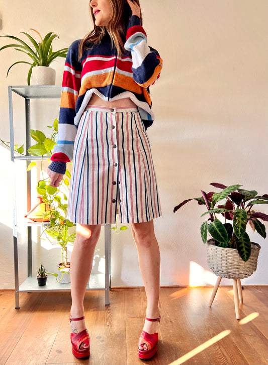 1990's vintage red, cream and blue stripe denim mini skirt