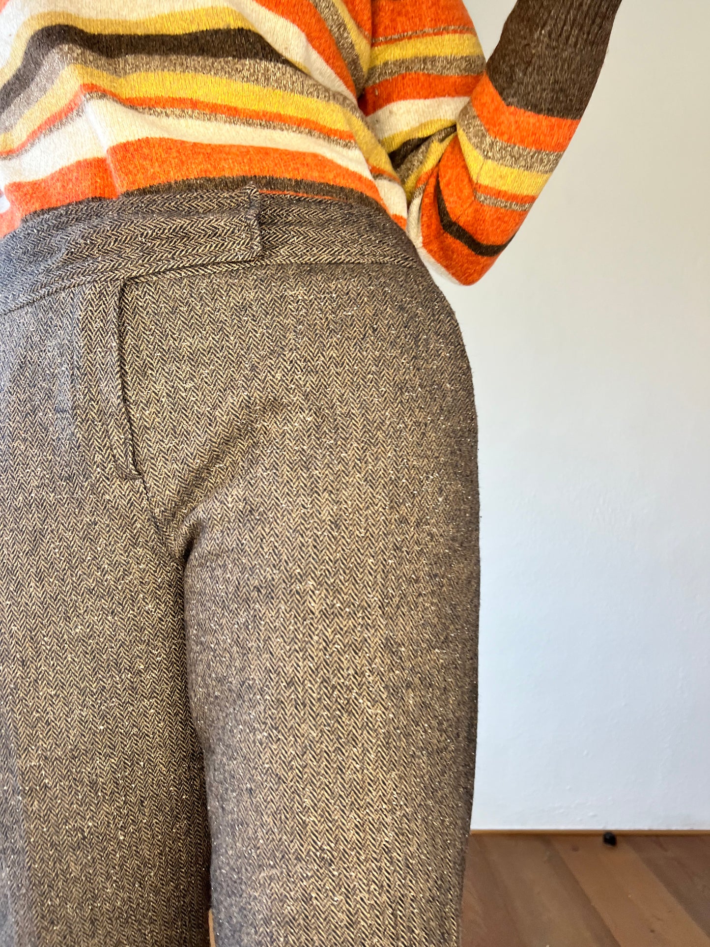 1990's vintage wool blend brown herringbone flare trousers