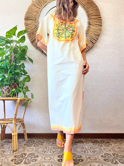 1970's vintage cream kaftan with multicolor embroidery