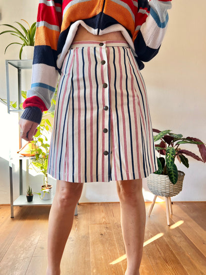 1990's vintage red, cream and blue stripe denim mini skirt