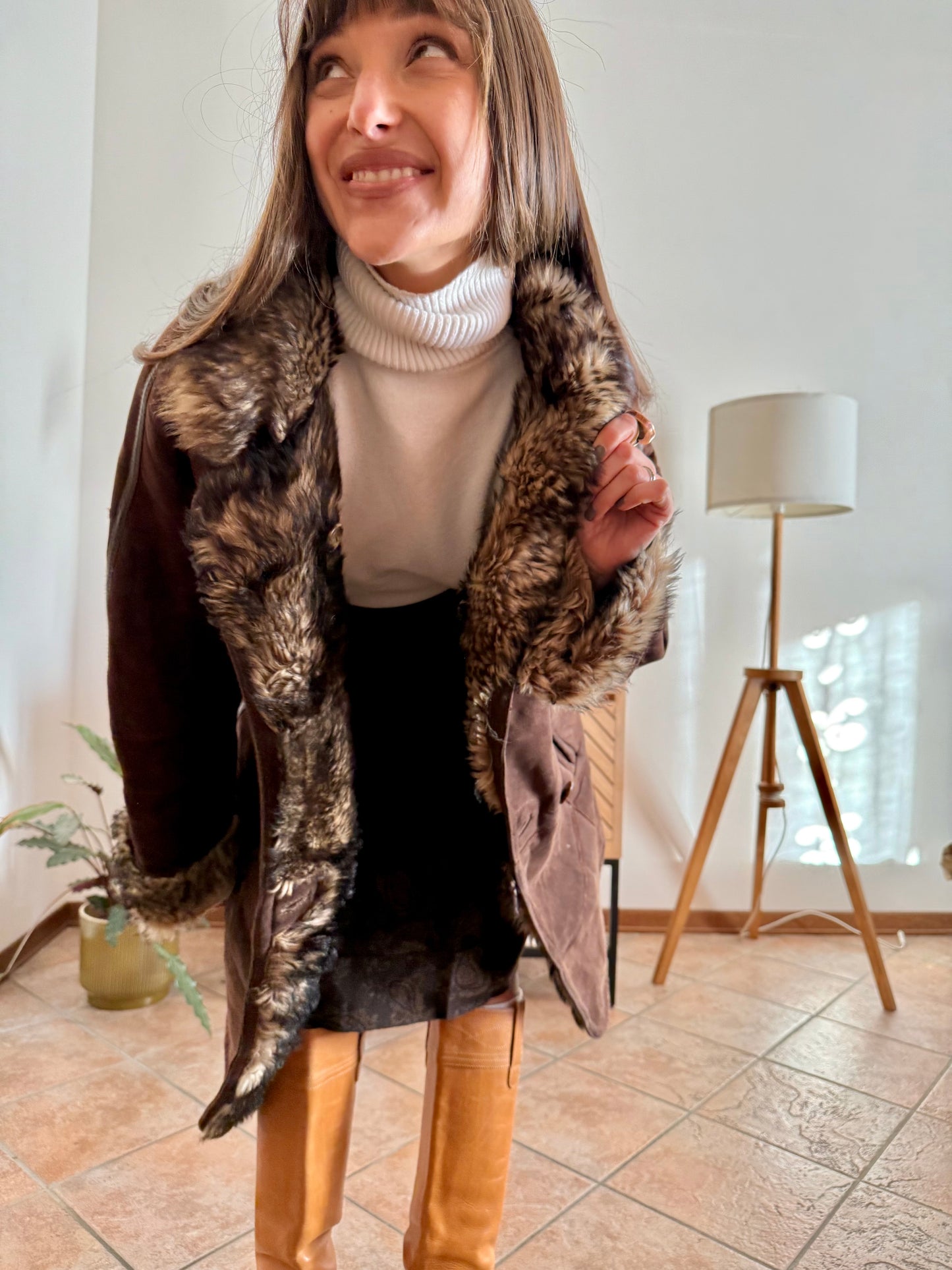 1970's vintage chocolate brown quilted shearling monotone coat with beige and brown lining