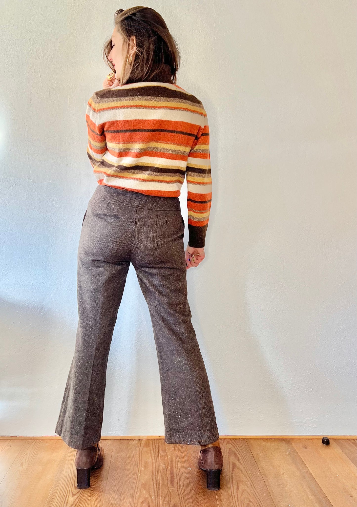 1990's vintage wool blend brown herringbone flare trousers