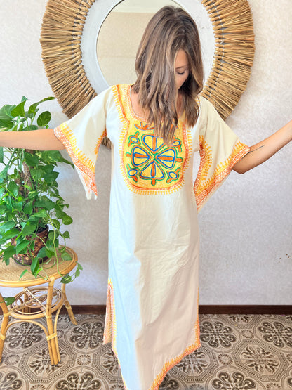 1970's vintage cream kaftan with multicolor embroidery