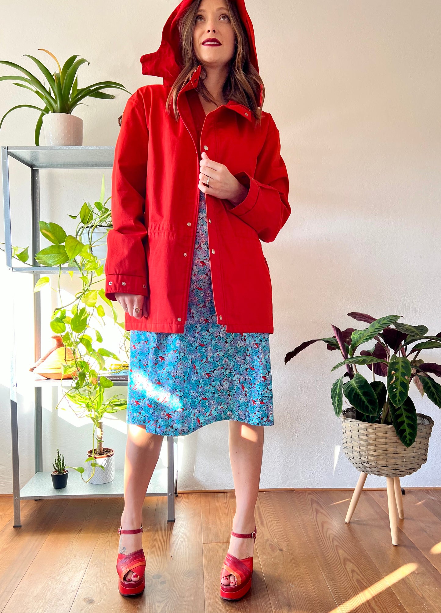 1980's vintage cherry red rain coat with detachable hood