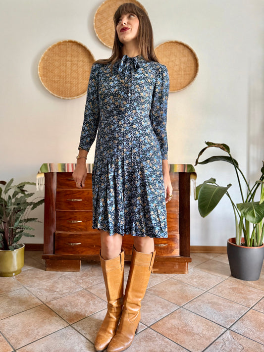 1970's vintage navy blue floral midi dress with bot tie neck