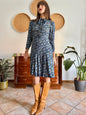 1970's vintage navy blue floral midi dress with bot tie neck