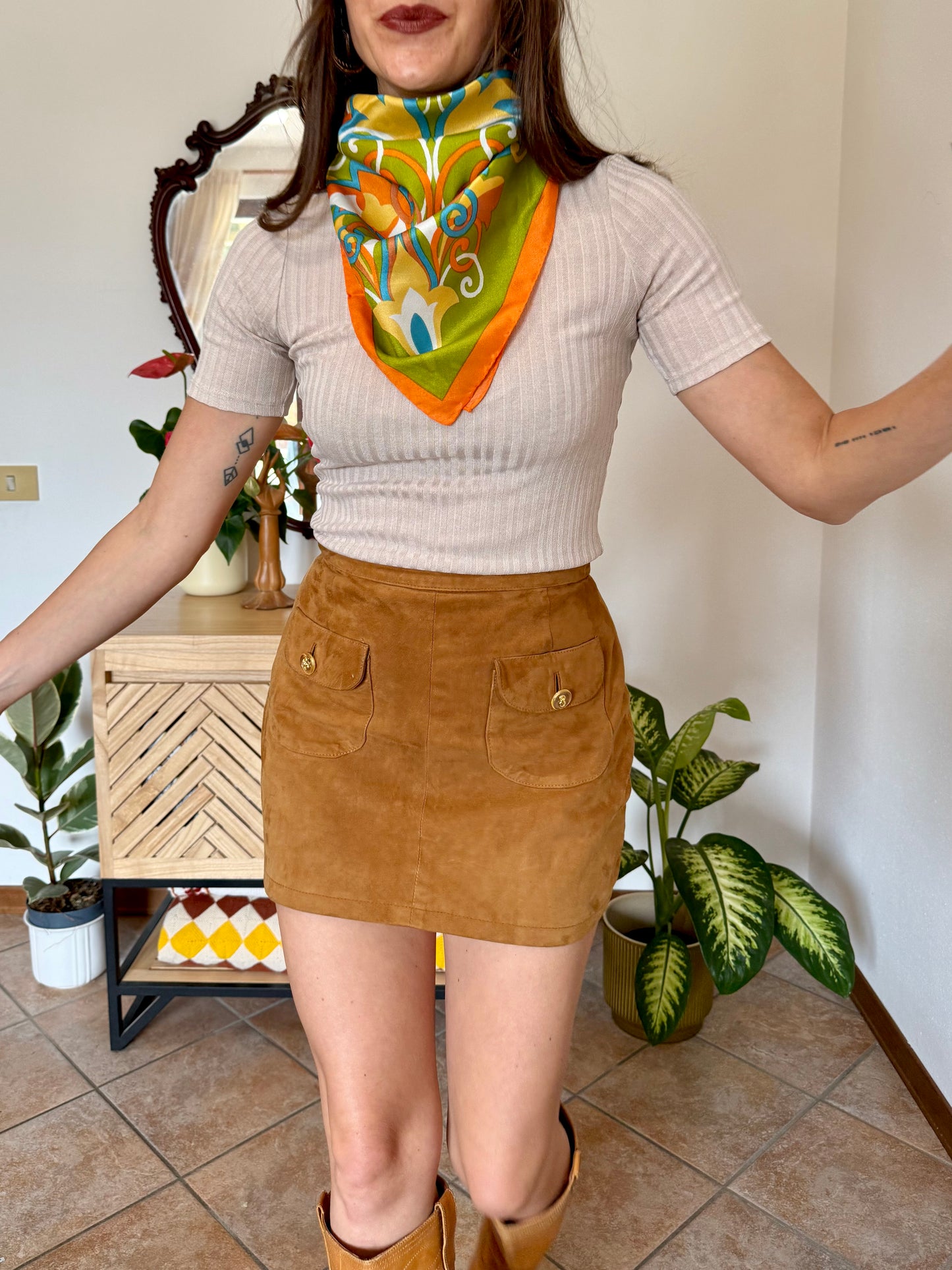 1960's vintage orange, green and blue mod floral print scarf