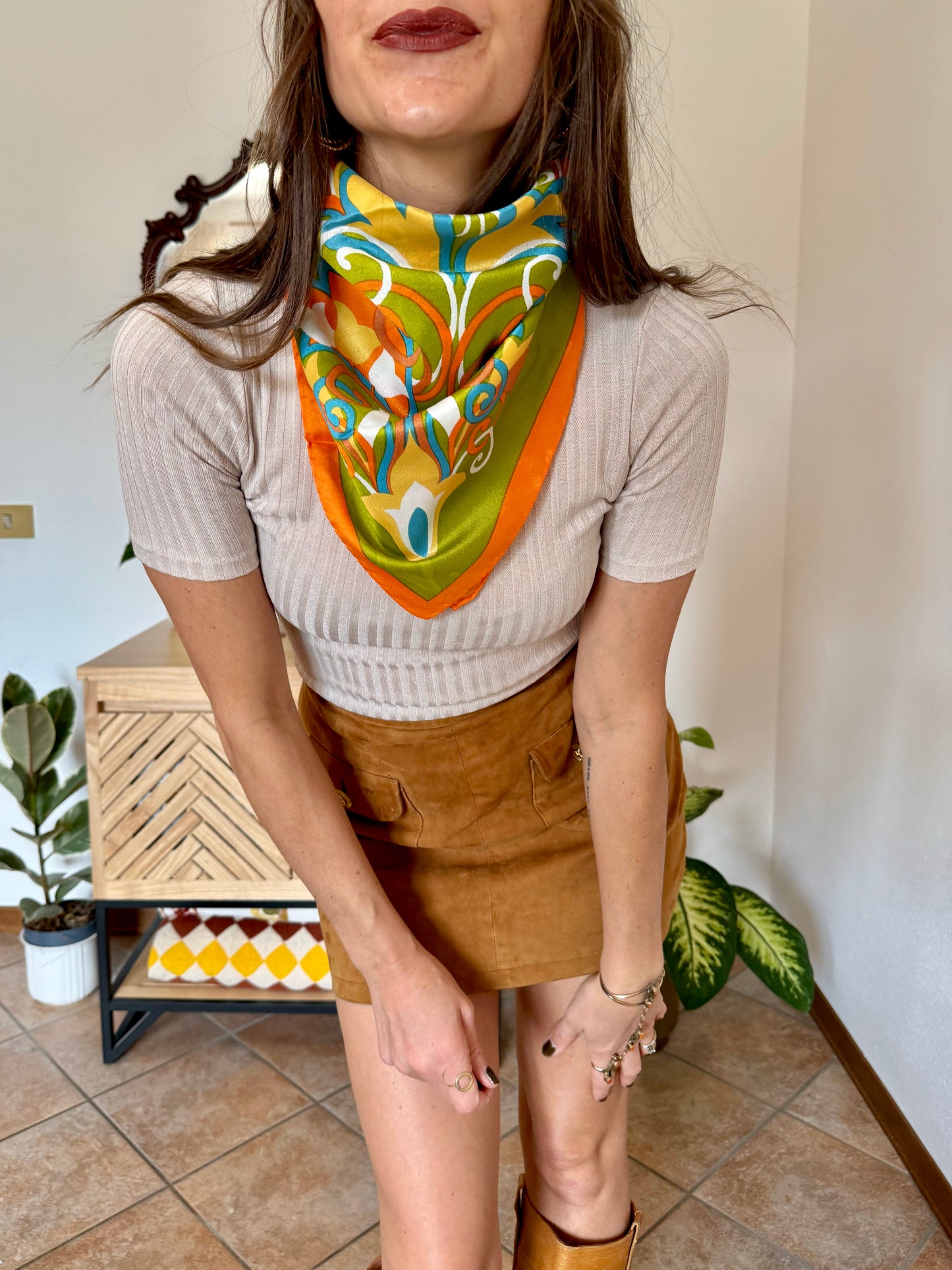 1960's vintage orange, green and blue mod floral print scarf