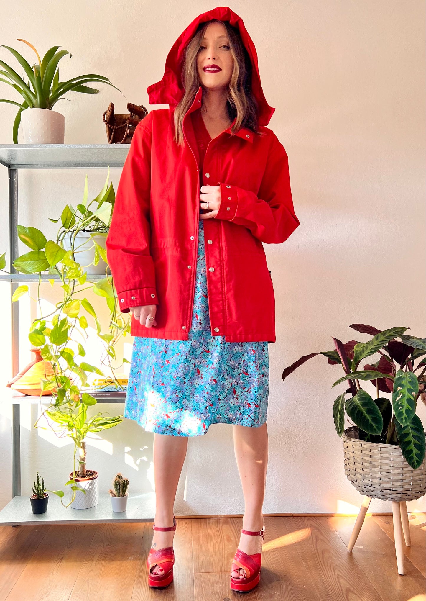 1980's vintage cherry red rain coat with detachable hood