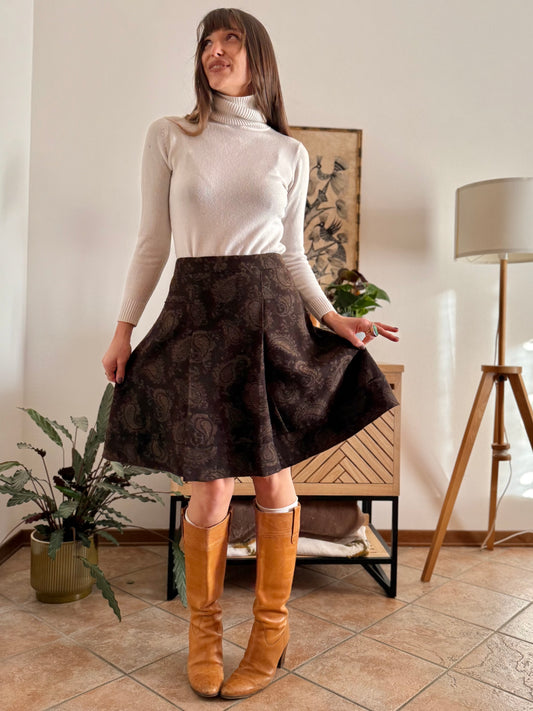 Y2k vintage chocolate brown woven wool blend pleated skirt with paisley pattern