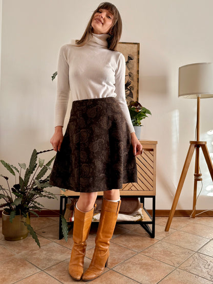 Y2k vintage chocolate brown woven wool blend pleated skirt with paisley pattern