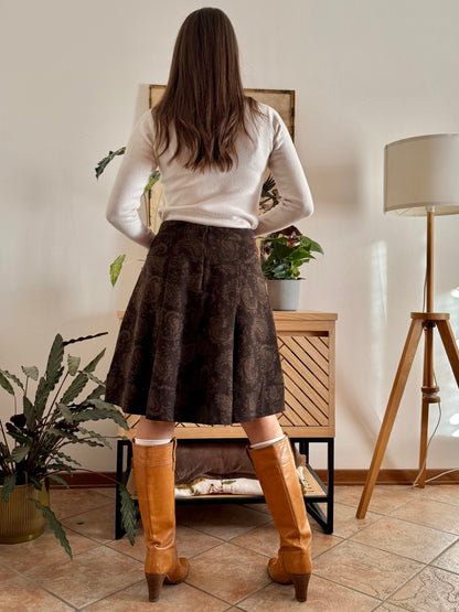 Y2k vintage chocolate brown woven wool blend pleated skirt with paisley pattern