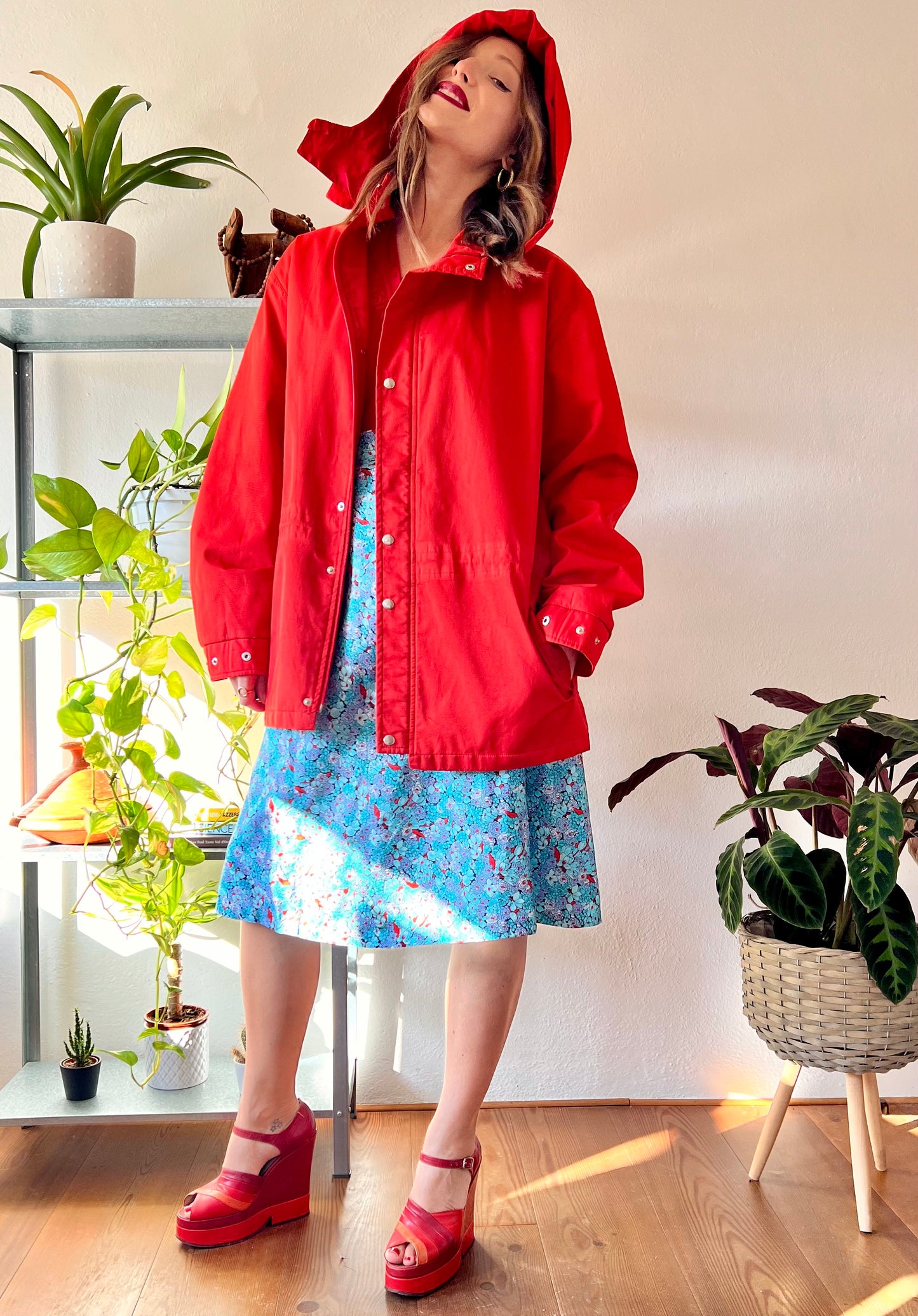 1980's vintage cherry red rain coat with detachable hood