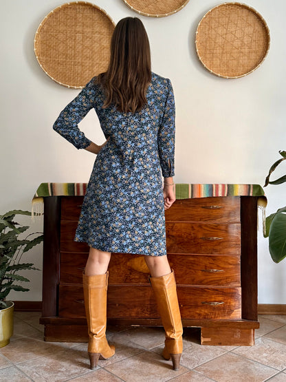 1970's vintage navy blue floral midi dress with bot tie neck