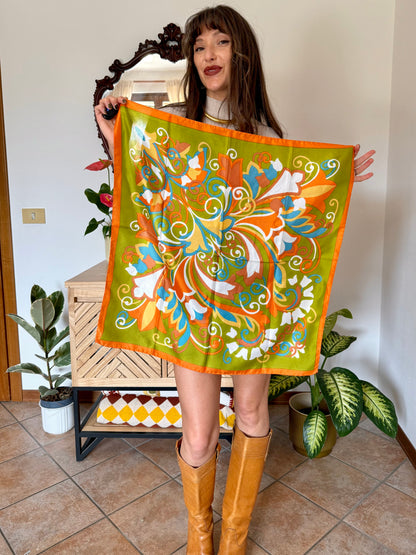 1960's vintage orange, green and blue mod floral print scarf