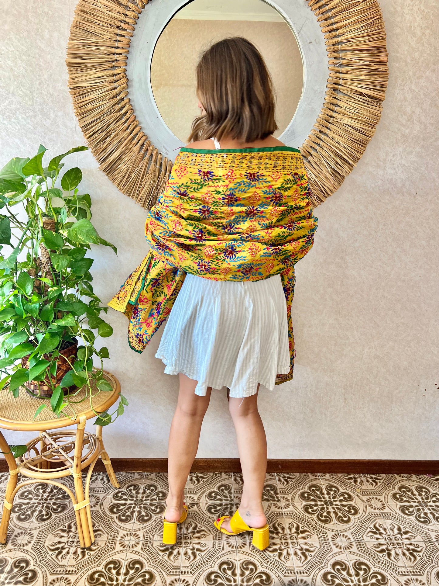 1970's vintage multicolor hand embroidered floral shawl